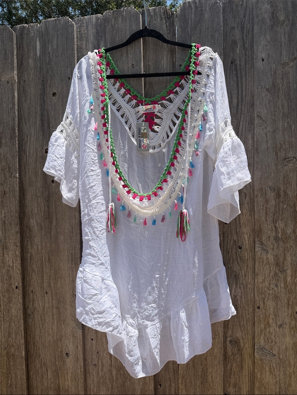 NWT India Boutique White Cotton Blend Sheer Crochet Tassel Cover Up One Size